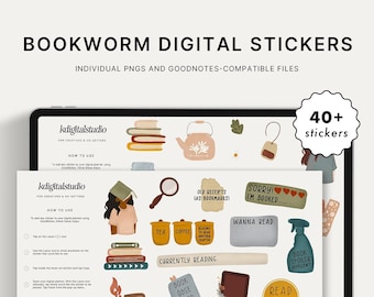 Bookworm & Book Lovers Digital Sticker Set || Precropped GoodNotes Sticker File + Individual PNGs ||