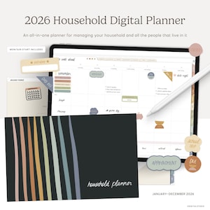 May include: A digital household planner for 2026 on a tablet. The planner features a calendar, notes, and appointment sections. A stylus is on the screen. The image also shows a black cover with colourful vertical stripes and the words "household planner."