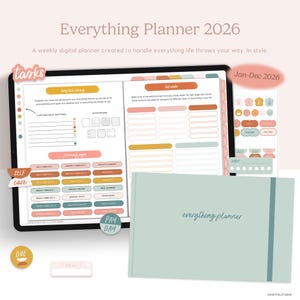 Puede incluir: Un planificador digital en una tableta, con el texto "Everything Planner 2026". El planificador incluye secciones para tareas, autocuidado y páginas de planificación. También se muestra un planificador físico con el texto "everything planner".