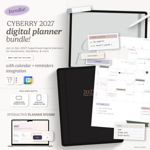 May include: A digital planner bundle titled CYBERRY 2027 featuring hyperlinked pages for Goodnotes and Notability. The set includes landscape and portrait orientations, calendar integration, and interactive daily pages displayed on tablet and laptop screens.