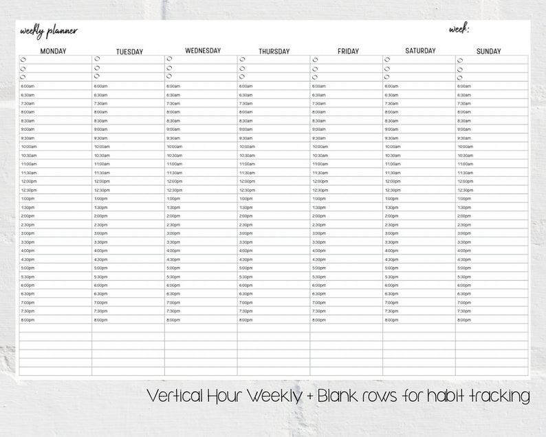 Digital Printable Vertical Half Hour Weekly Planner | Etsy