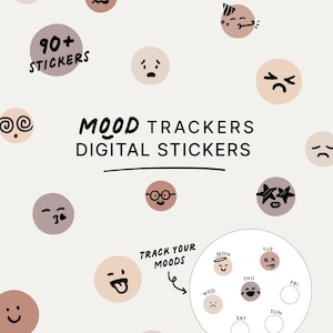 Puede incluir: Pegatinas digitales de seguimiento del estado de ánimo con caras de emoji en tonos marrones y beige. El texto dice "90+ Stickers", "Mood Trackers" y "Digital Stickers". También se muestra un rastreador de estado de ánimo circular.