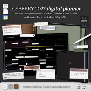 Puede incluir: Planificador digital CYBERRY 2027 para Goodnotes y Notability. El planificador presenta una interfaz de calendario mensual oscura con pestañas hipervinculadas, listas de tareas e integración de recordatorios. Incluye una vista en orientación horizontal, una página de portada 2027 y varios widgets interactivos para realizar un seguimiento de recados, citas y listas de tareas diarias.