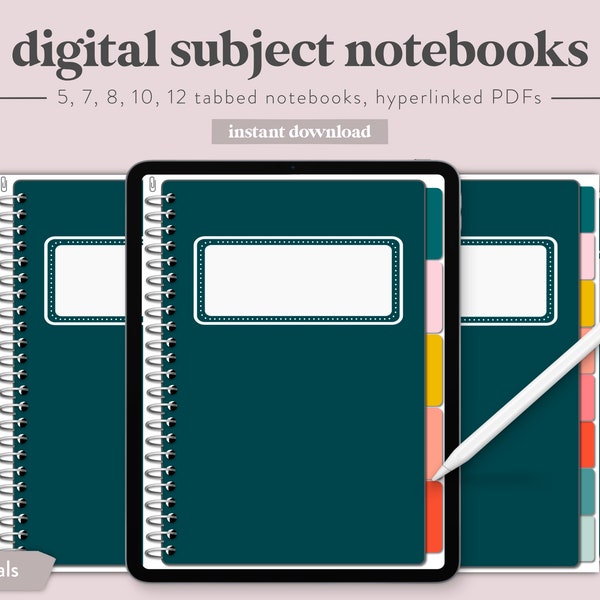 Conjunto de cuadernos de materias digitales // 5 CUADERNOS EN TOTAL // 5, 7, 8, 10, + 12 pestañas de materias // Toma de notas, diario, planificación // iPad + Android
