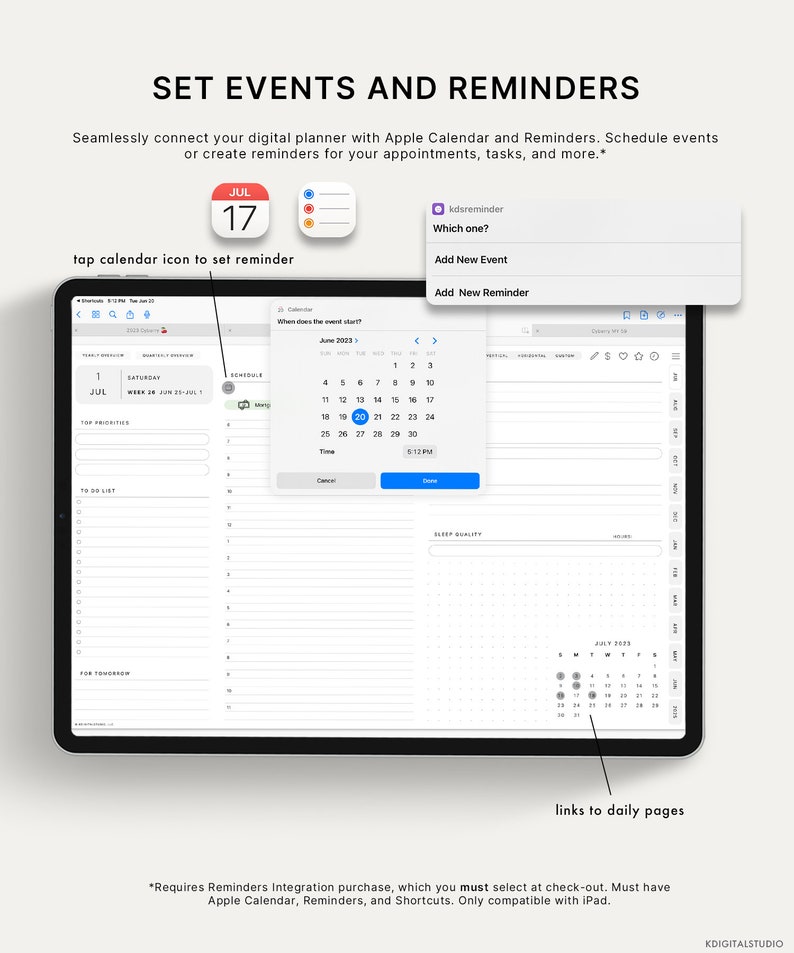 2024 Cyberry Light Mode Digital Planner Portrait, Apple Calendar & Reminders Integration image 7