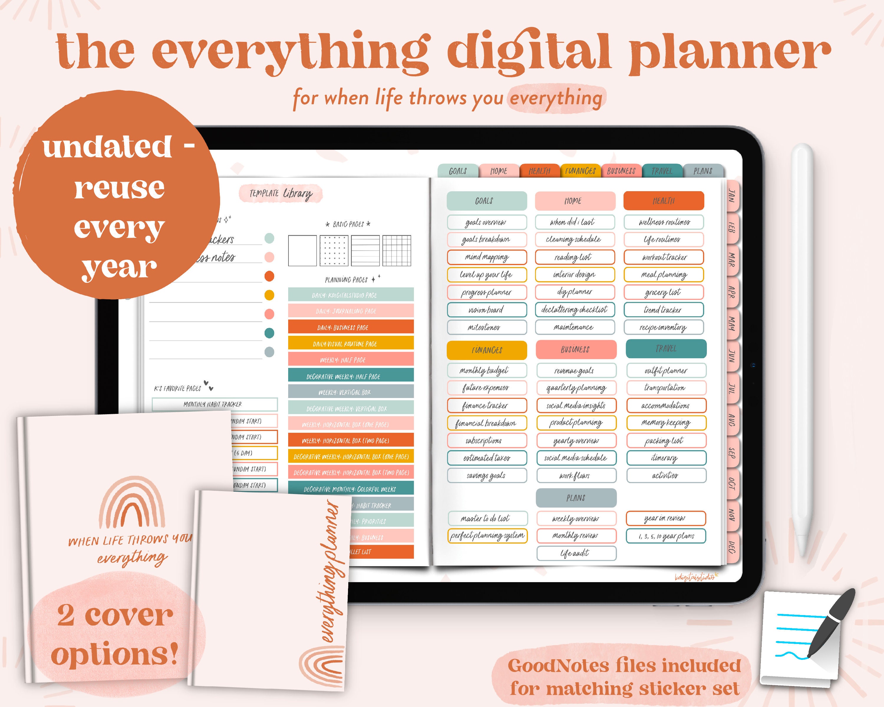 UNDATED Everything Digital Planner + Matching Sticker Set [Creative B…