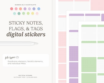 Sticky Notes, Flags, & Tags Digital Stickers (Rainbow Jelly Colors) | Digital Download, Note-taking