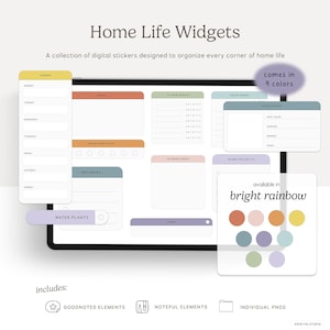 Puede incluir: Pegatinas digitales para la organización del hogar, etiquetadas como "Home Life Widgets". La imagen muestra varias notas adhesivas digitales coloridas para la planificación, incluyendo la cena, notas, comestibles y tareas. Disponible en colores arcoíris brillantes y 9 colores.