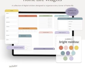 Home Life Widgets (Bright Rainbow) Digital Stickers, GoodNotes Elements, Noteful, Individual PNGs, Digital Planning