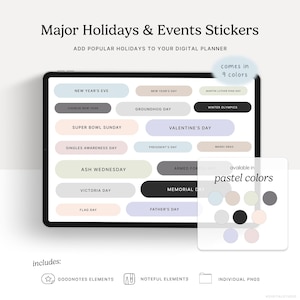 Major Holidays & Events (Pastels) Digital Stickers, GoodNotes Elements, Noteful, Individual PNGs, Digital Planning