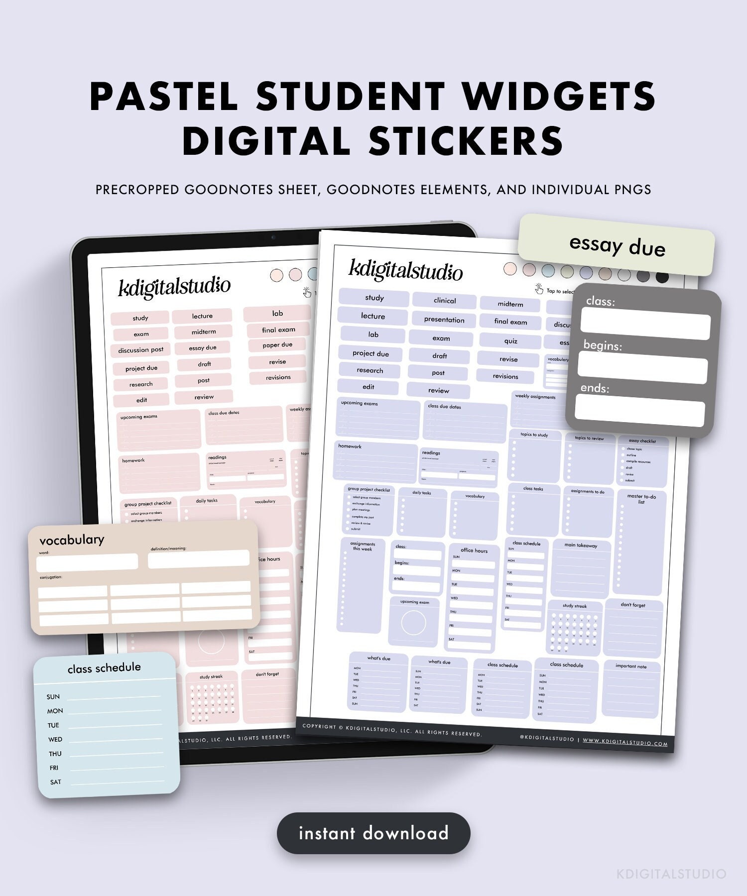 Pastel Student Widgets, Digital Stickers, Individual PNGs, Precropped GoodNotes Stickers, Digital Widgets, Digital Planner Stickers