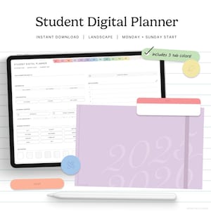 Puede incluir: Un planificador digital para estudiantes que se muestra en una tableta, con un planificador 2023 de color lila claro y un lápiz óptico blanco. La pantalla de la tableta muestra las opciones del planificador. El texto incluye "Student Digital Planner".