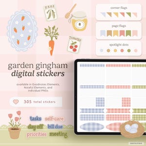 Puede incluir: Conjunto de pegatinas digitales con temática de jardín. Incluye pegatinas de verduras, miel y patrones de cuadros. El texto dice "garden gingham digital stickers" y "305 total stickers". También incluye banderas de esquina, banderas de página y puntos de luz.
