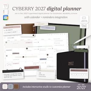 May include: CYBERRY 2027 digital planner with landscape orientation, hyperlinked for apps like Goodnotes. Features a January 2027 monthly calendar view, to-do lists, tracker, and appointment notes in a muted color palette of sage green, brown, and cream.