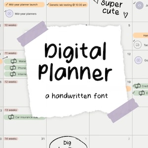 Puede incluir: Un planificador digital con una fuente manuscrita. El planificador es un calendario semanal con un fondo verde claro y una fila inferior rosa claro. El planificador tiene una fuente manuscrita e incluye el texto "Digital Planner" y "a handwritten font".
