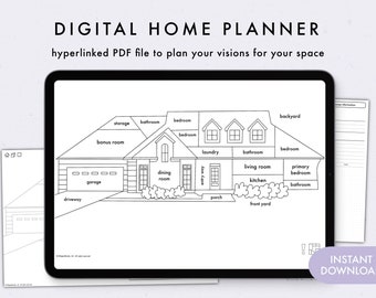 Digital Home Planner | vision board, 3D room floor plan views, DIY project planning, declutter, organization, mood board, first time buyer