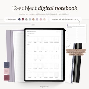 Puede incluir: Un cuaderno digital de 12 temas con pestañas y subsecciones con hipervínculos. La pantalla muestra varias plantillas de página, incluyendo en blanco, puntos, líneas, cuadrícula y diseños especiales. Incluye acceso a una aplicación de etiquetado.