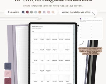 12-Subject Digital Minimal Notebook with Custom Tab Auto-Labeling | Digital Download, Note-taking, Academic