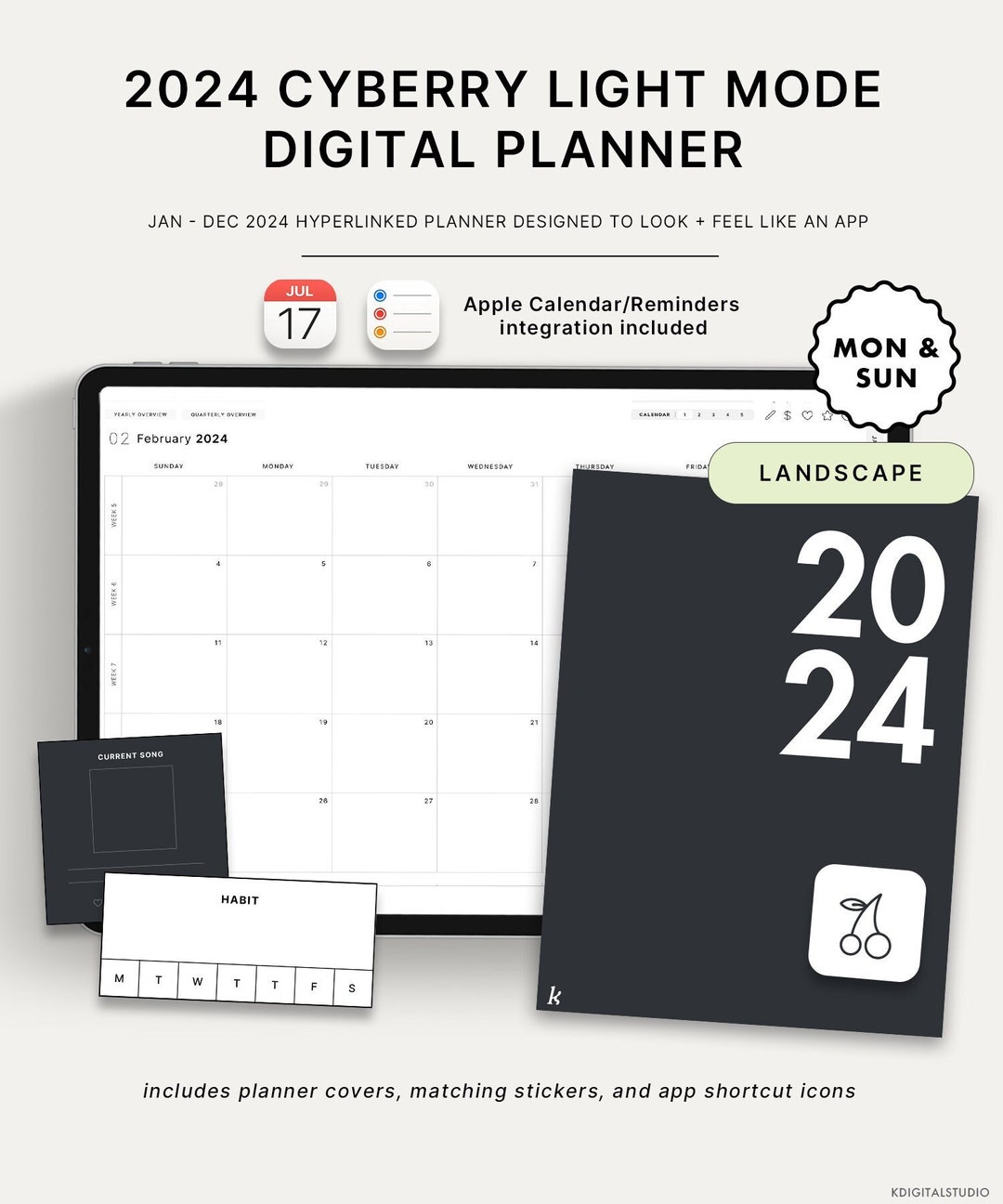 2024 Cyberry Light Mode Digital Planner Landscape, Apple Calendar