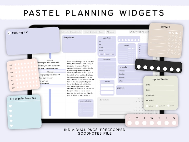 Pastel Planning Widgets, Digital Stickers, Individual PNGs, Precropped GoodNotes Stickers, Digital Widgets, Digital Planner Stickers 