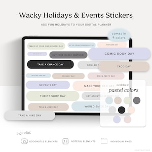 Wacky Holidays & Events (Pastels) Digital Stickers, GoodNotes Elements, Noteful, Individual PNGs, Digital Planning