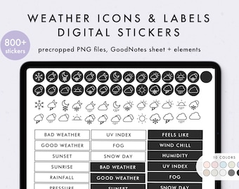 Weather Icons & Labels Digital Stickers, Individual PNGs, Precropped GoodNotes Stickers, Elements Collections, Minimal, Functional