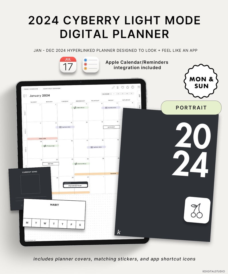 2024 Cyberry Light Mode Digital Planner Portrait, Apple Calendar & Reminders Integration image 1