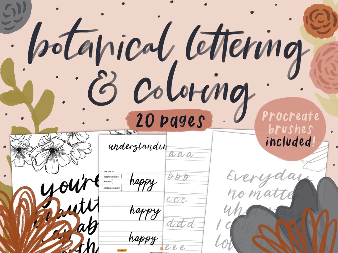 Botanical Lettering Coloring Workbook With Procreate Brushes (digital ...
