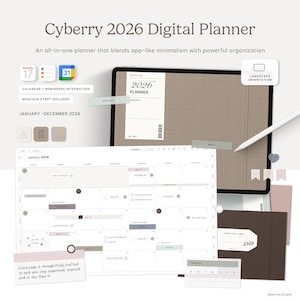 Puede incluir: Un planificador digital para 2026, con un diseño minimalista. El planificador incluye integración de calendario y recordatorios, con inicio lunes/domingo. La imagen muestra una tableta con un lápiz óptico y el texto "Cyberry 2026 Digital Planner."
