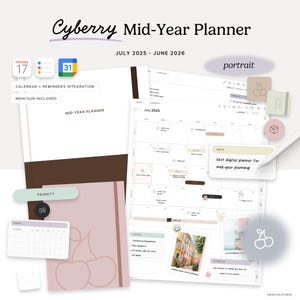 Puede incluir: Un planificador digital con el texto "Cyberry Mid-Year Planner" y las fechas "Julio 2025 - Junio 2026". El planificador incluye integración de calendario, una sección de prioridad y una nota que dice "¡el mejor planificador digital para la planificación de mitad de año!"