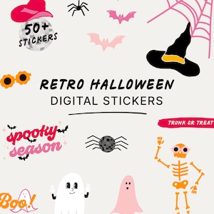 Puede incluir: Una colección de pegatinas digitales retro de Halloween. La imagen presenta un sombrero de vaquero rosa, una bola de discoteca, murciélagos, una telaraña, un sombrero de bruja, fantasmas, un esqueleto y el texto "Retro Halloween Digital Stickers."