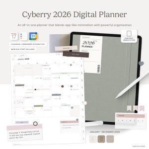 Puede incluir: Un planificador digital con el texto "Cyberry 2026 Digital Planner" y "Enero - Diciembre 2026". El planificador incluye un calendario, recordatorios y un rastreador. El planificador está en orientación vertical y tiene un diseño minimalista.