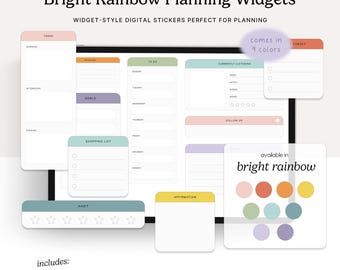 Bright Rainbow Planning Widgets, GoodNotes Elements, Noteful, Individual PNGs, Digital Planning