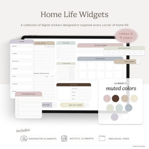 Puede incluir: Widgets de planificador digital en colores apagados, diseñados para la organización del hogar. La imagen muestra una tableta con varias pegatinas digitales para la planificación de comidas, pedidos en línea y más. El texto incluye "Home Life Widgets" y "comes in 9 colors."
