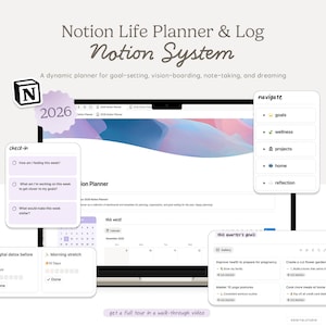 Puede incluir: Una interfaz digital del sistema Notion Life Planner & Log. La interfaz incluye secciones para objetivos, bienestar, proyectos y reflexión. El planificador incluye un calendario, indicaciones de registro y una sección para objetivos trimestrales. El texto de la imagen dice "Notion Life Planner & Log Notion System."