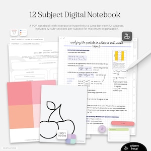 Puede incluir: Un cuaderno digital con un diseño de cereza rosa y blanca. El cuaderno es para 12 temas e incluye hipervínculos interactivos. El texto "aplicar la partícula en una caja a temas del mundo real" está escrito en la página.