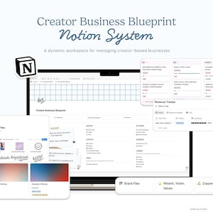 Puede incluir: Una pantalla de portátil que muestra el "Creator Business Blueprint Notion System". La interfaz incluye secciones como "Revenue Tracker" y "Brand Files". El texto "Creator Business Blueprint" y "Notion System" son visibles.