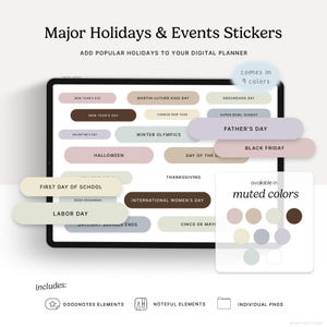 Major Holidays & Events (Muted) Digital Stickers, GoodNotes Elements, Noteful, Individual PNGs, Digital Planning