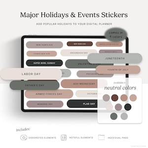 Major Holidays & Events (Neutrals) Digital Stickers, GoodNotes Elements, Noteful, Individual PNGs, Digital Planning