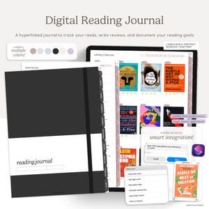 Puede incluir: Un diario de lectura digital con una cubierta negra y una banda blanca, con el texto "reading journal". La imagen también muestra una tableta que muestra portadas de libros y una paleta de colores. El diario está diseñado para rastrear lecturas y escribir reseñas.