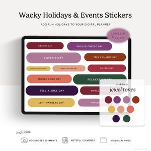 Wacky Holidays & Events (Jewel Tones) Digital Stickers, GoodNotes Elements, Noteful, Individual PNGs, Digital Planning