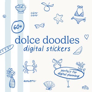 Puede incluir: Colección de pegatinas digitales azules con dibujos lineales sobre fondo blanco. La imagen incluye dibujos de comida, un bikini, un cangrejo y texto que dice "dolce doodles digital stickers" y "perfect for digital planning!"
