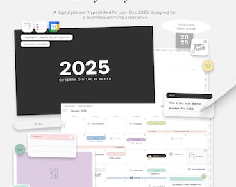 2025 Landscape Cyberry Planner in Light Mode, Apple and Google Calendar Integration, Stickers, Draggable Sections, Covers, App Icons