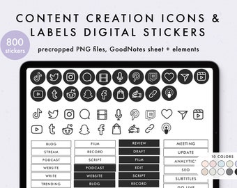 Content Creation Icons & Labels Digital Stickers, Individual PNGs, Precropped GoodNotes Stickers, Elements Collections, Minimal, Functional