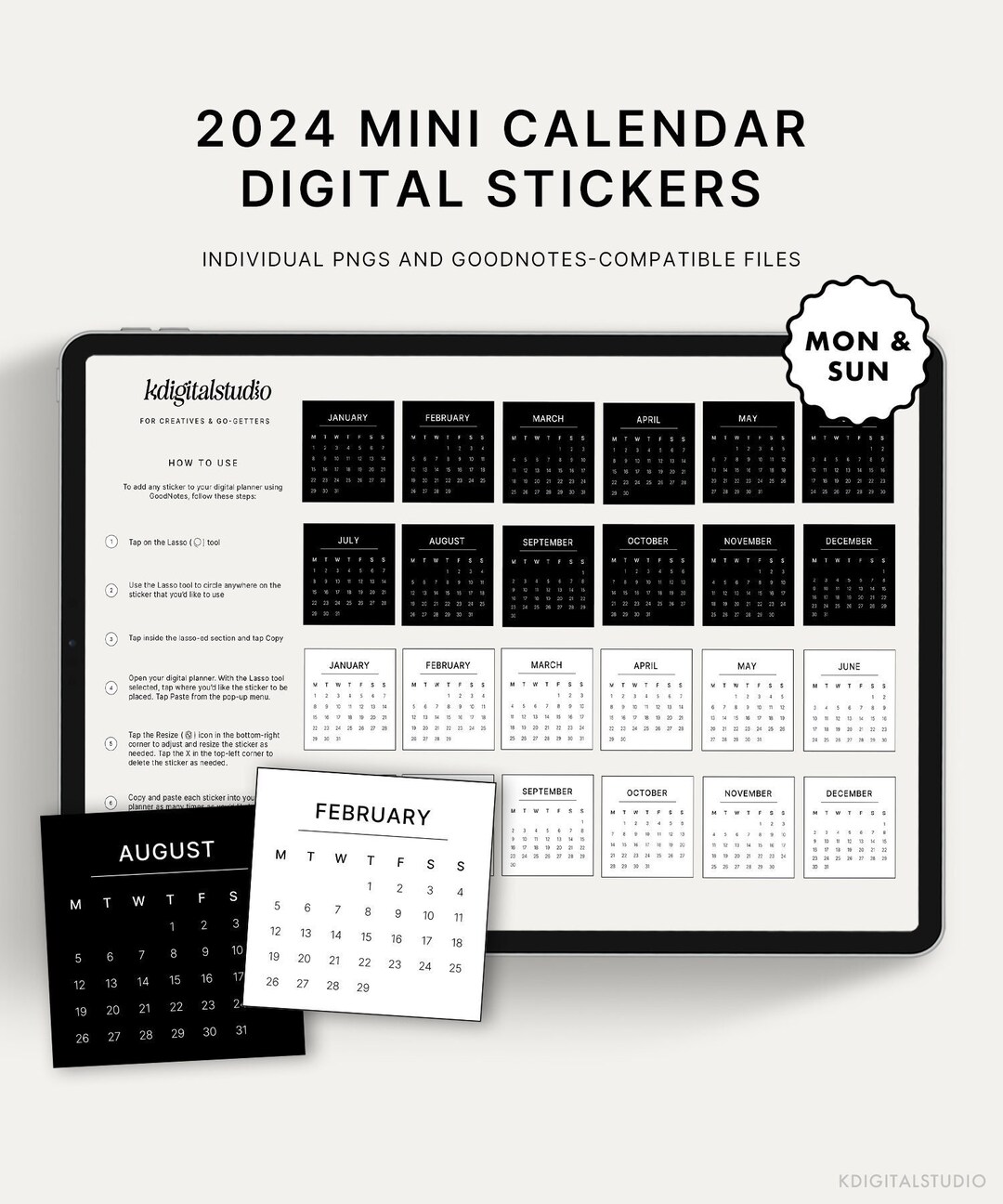 Mini Calendars 2024 square Digital Stickers Goodnotes Etsy