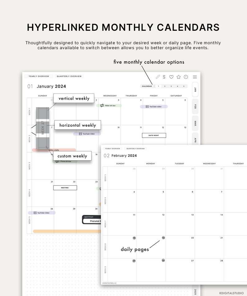 2024 Cyberry Light Mode Digital Planner Portrait, Apple Calendar & Reminders Integration image 3