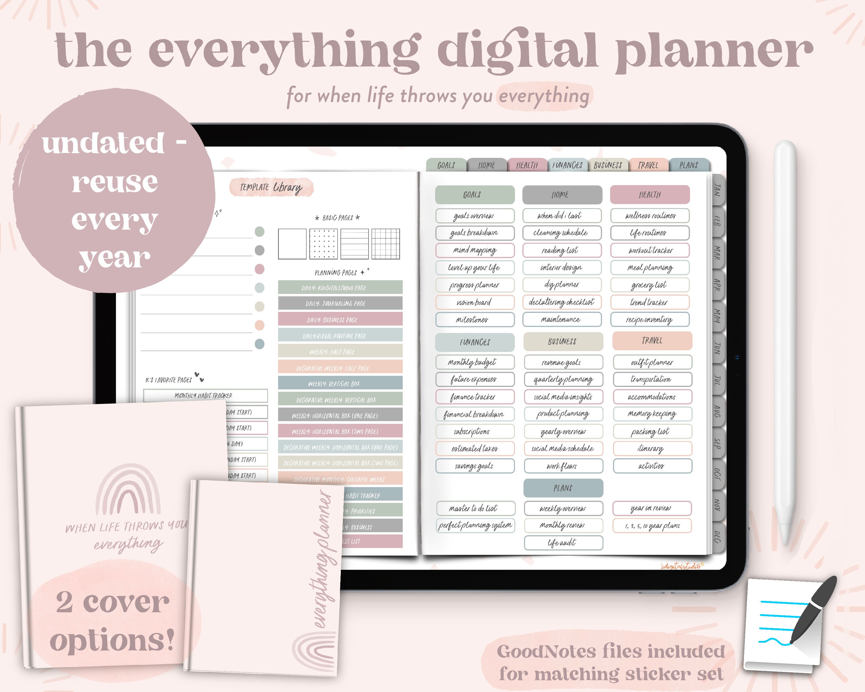 UNDATED Everything Digital Planner + Matching Sticker Set [Soft Neutr…