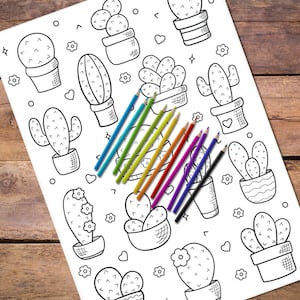 May include: A black and white coloring page featuring a variety of cactus illustrations. The page is surrounded by colored pencils.
