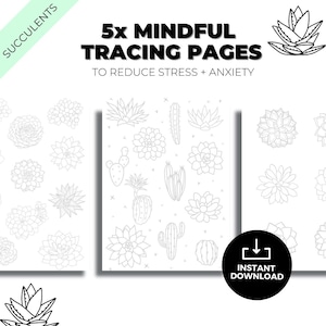 Succulent Tracing Sheets: Mindful Art Therapy (Digital Download) Creative Self-Care For Overthinkers, Mental health