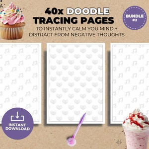 Könnte beinhalten: Ein digitales Set aus 40 Doodle-Nachmalvorlagen mit Noten- und Herzmustern. Der Text lautet 40x DOODLE TRACING PAGES TO INSTANTLY CALM YOU MIND + DISTRACT FROM NEGATIVE THOUGHTS, BUNDLE #2 und INSTANT DOWNLOAD. Enthält einen violetten Stift.